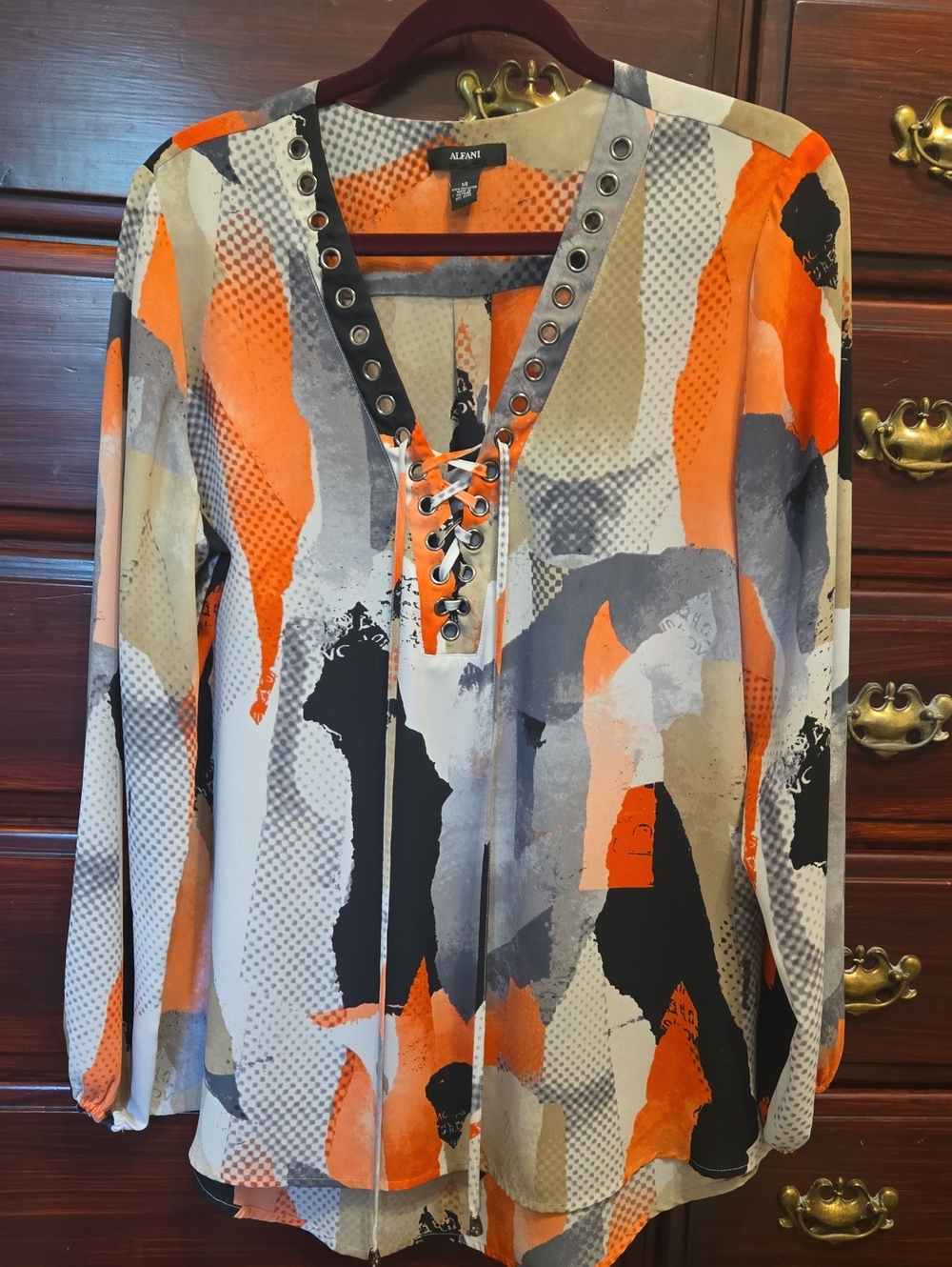 Alfani Women's Coral Orange, Gray, Black, White & Taupe Abstract Lace-Up Blouse